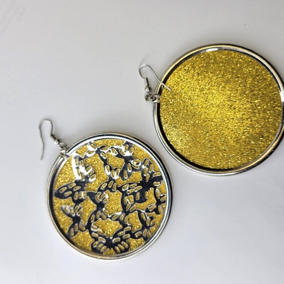 Gold with Butterfly Motif Large Round Earrings - Picture 1 of 4